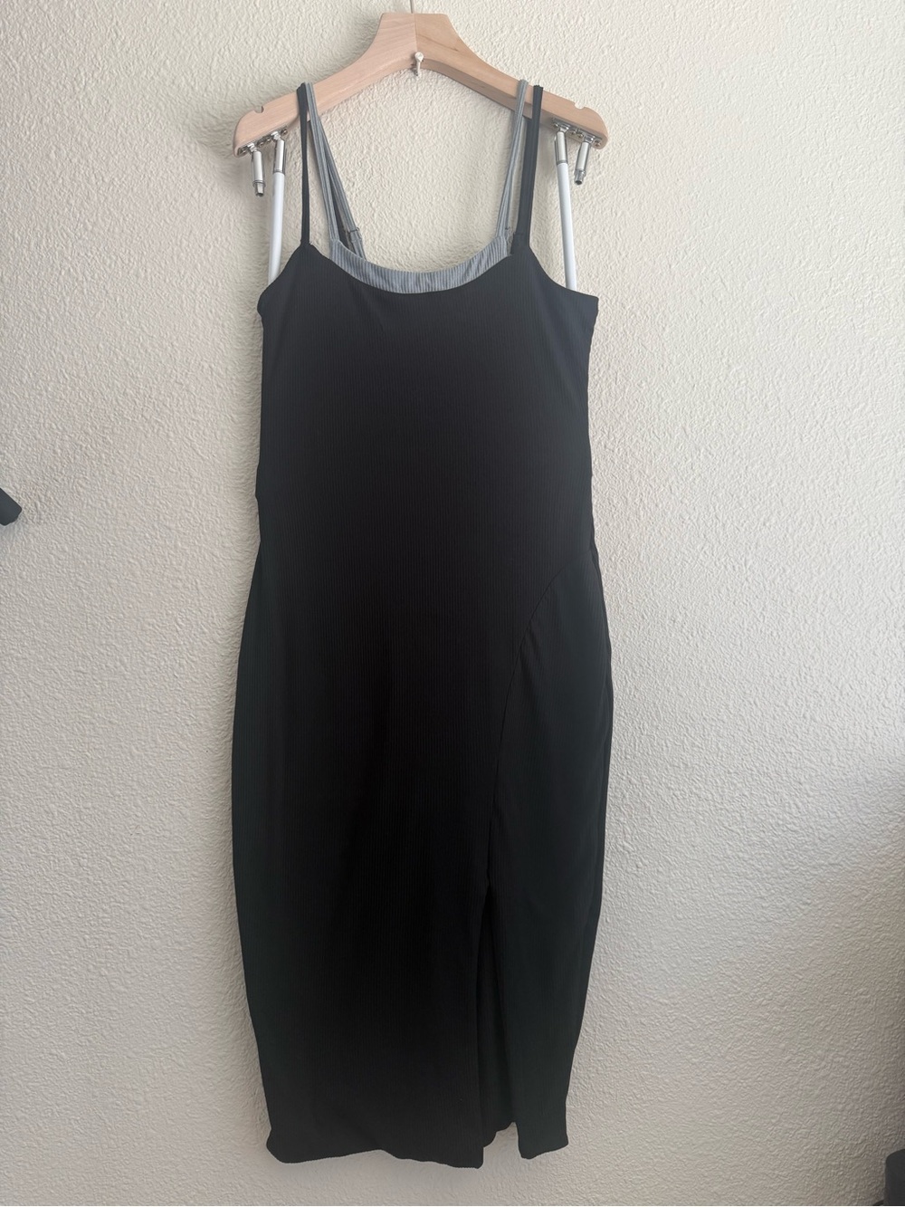 Classic Black Midi Slip Dress with Contrast Gray Straps